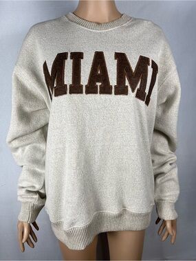 Cream Crewneck Sweater with Brown 'MIAMI' Appliqué